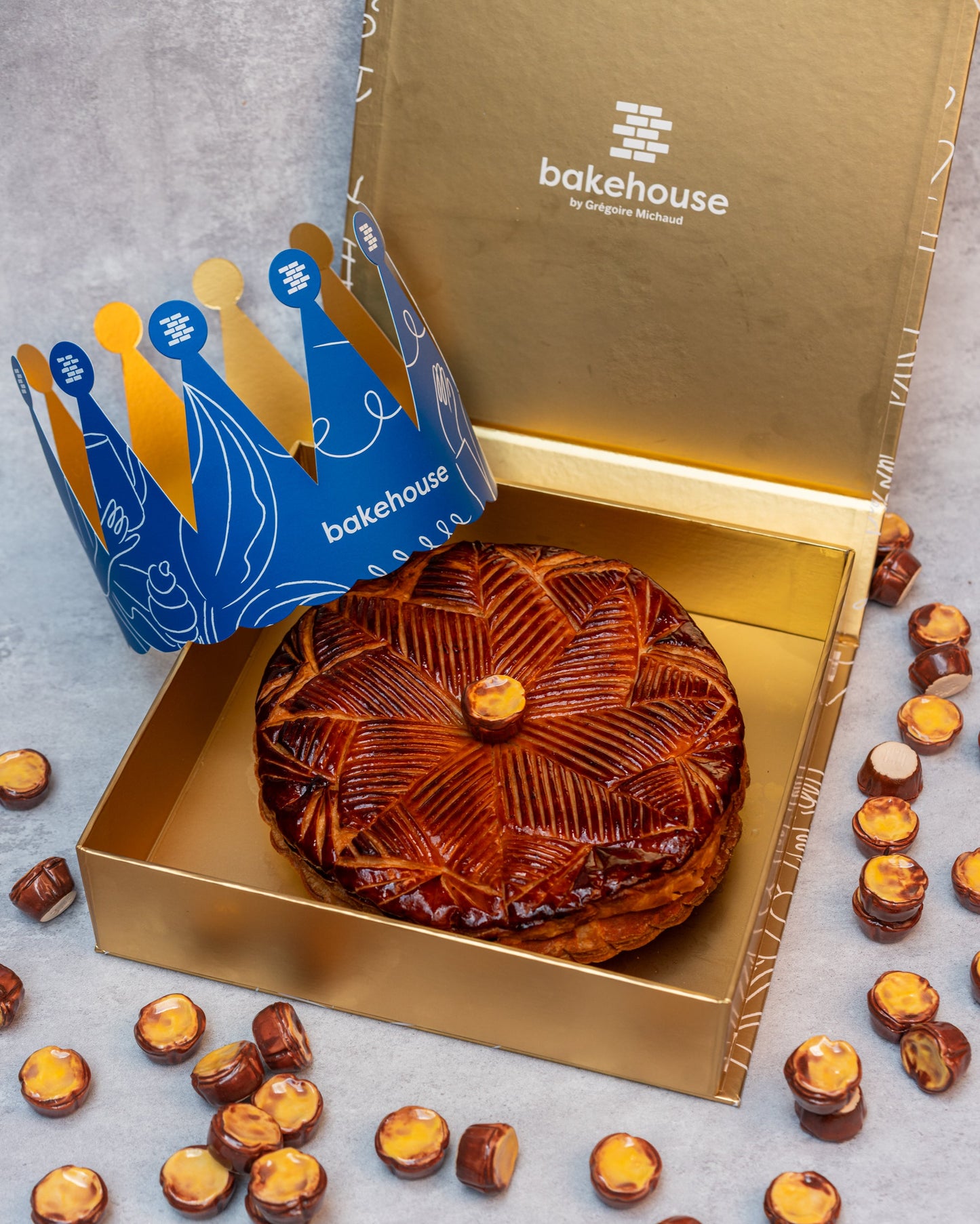 Bakehouse Galette des Rois with crown and mini egg tart feve by Toki Studio